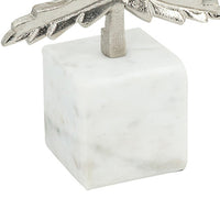 Decorative Maple Leaf Sculpture, 11 Inch Silver Aluminum, White Marble - BM350295