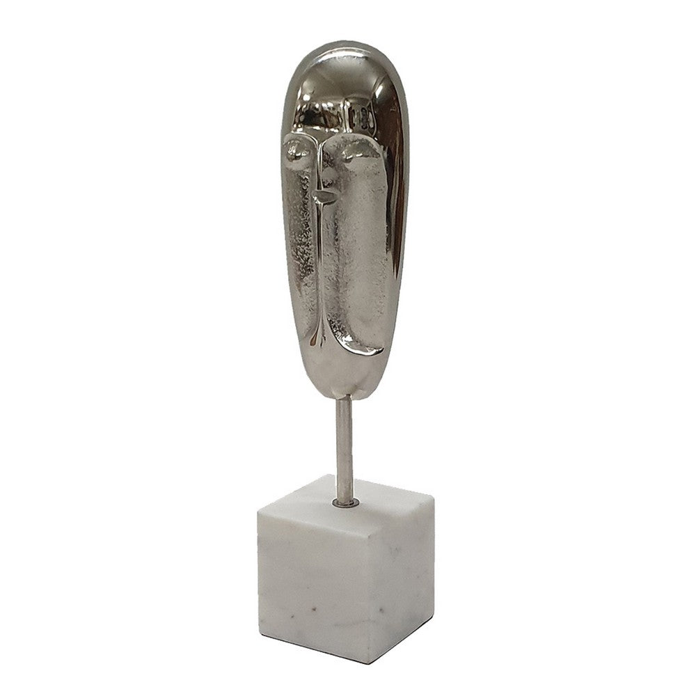 Decorative Face Sculpture, 13 Inch Silver, Contemporary White Marble - BM350296