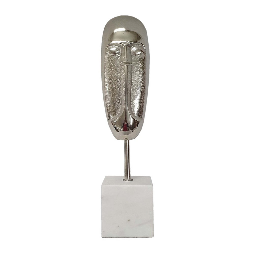 Decorative Face Sculpture, 13 Inch Silver, Contemporary White Marble - BM350296