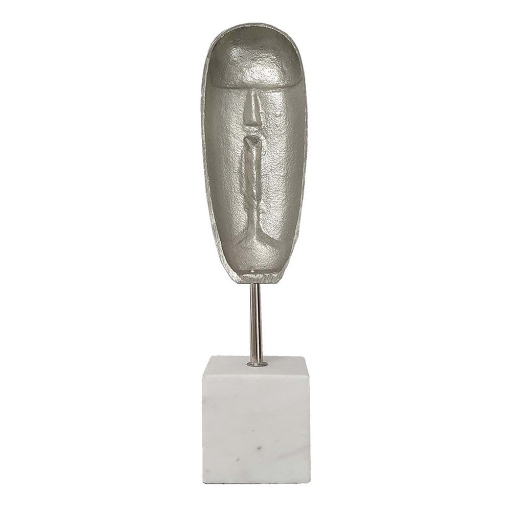 Decorative Face Sculpture, 13 Inch Silver, Contemporary White Marble - BM350296