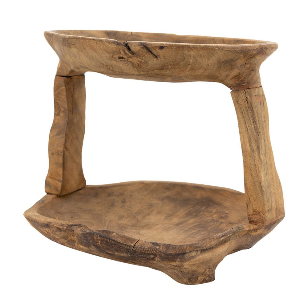 Rustic 2 Tier Decorative Tray, 12 Inch Live Edges, Natural Teak Root Wood - BM350300