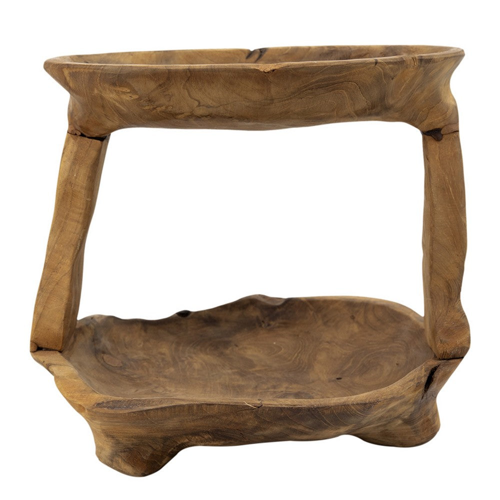 Rustic 2 Tier Decorative Tray, 12 Inch Live Edges, Natural Teak Root Wood - BM350300