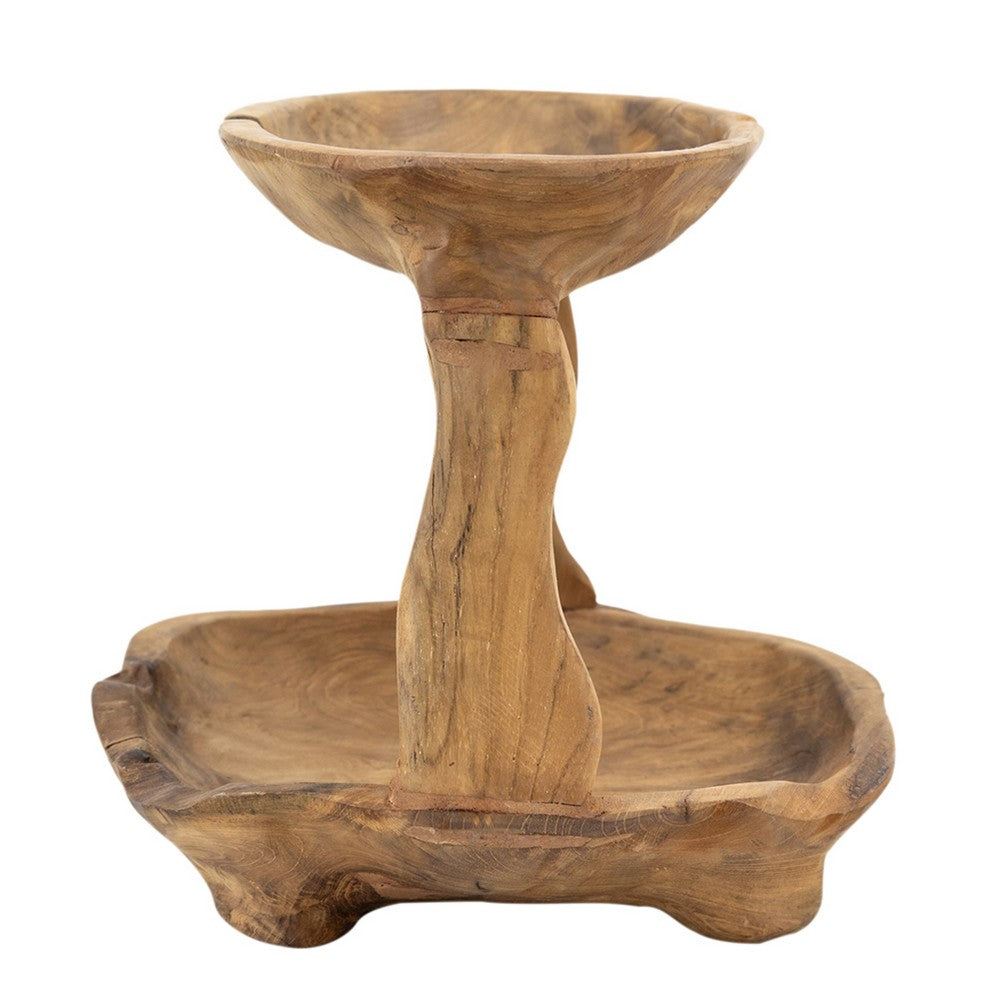 Rustic 2 Tier Decorative Tray, 12 Inch Live Edges, Natural Teak Root Wood - BM350300