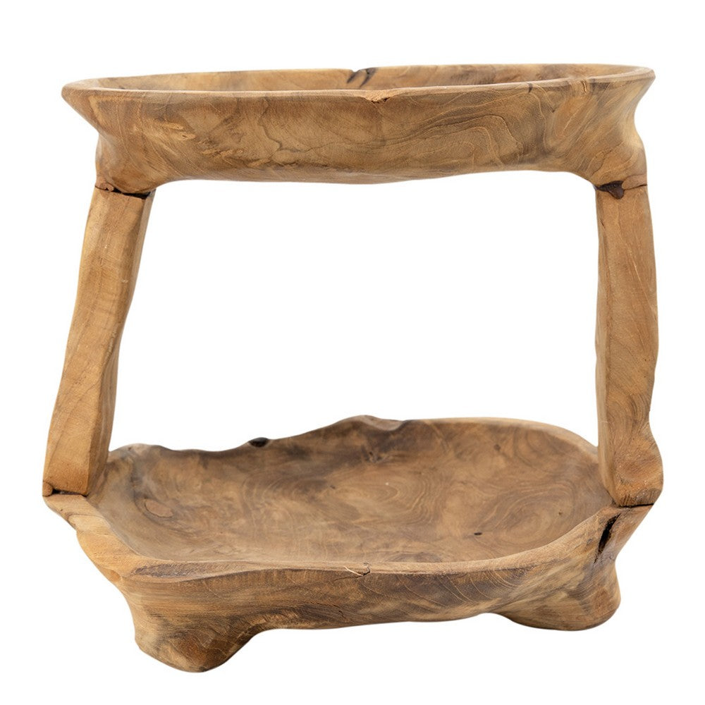 Rustic 2 Tier Decorative Tray, 12 Inch Live Edges, Natural Teak Root Wood - BM350300
