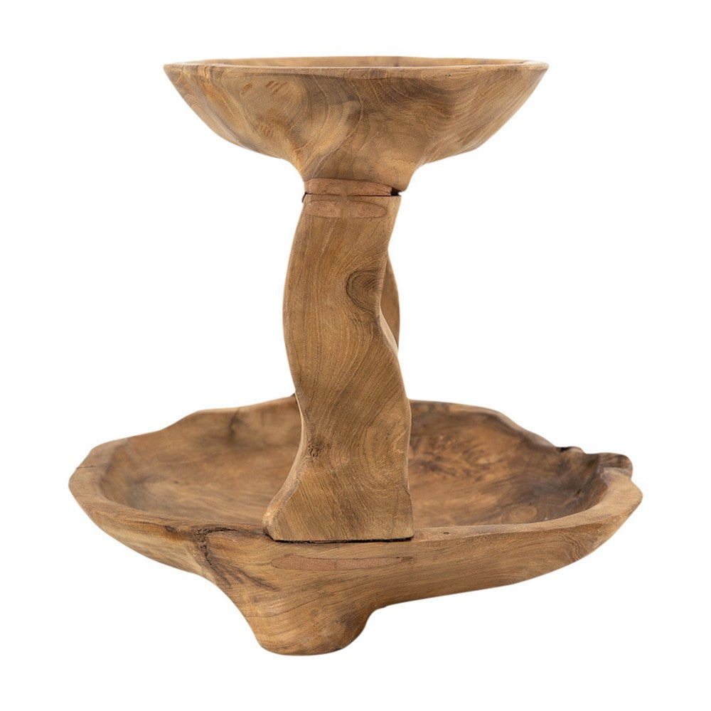 Rustic 2 Tier Decorative Tray, 12 Inch Live Edges, Natural Teak Root Wood - BM350300