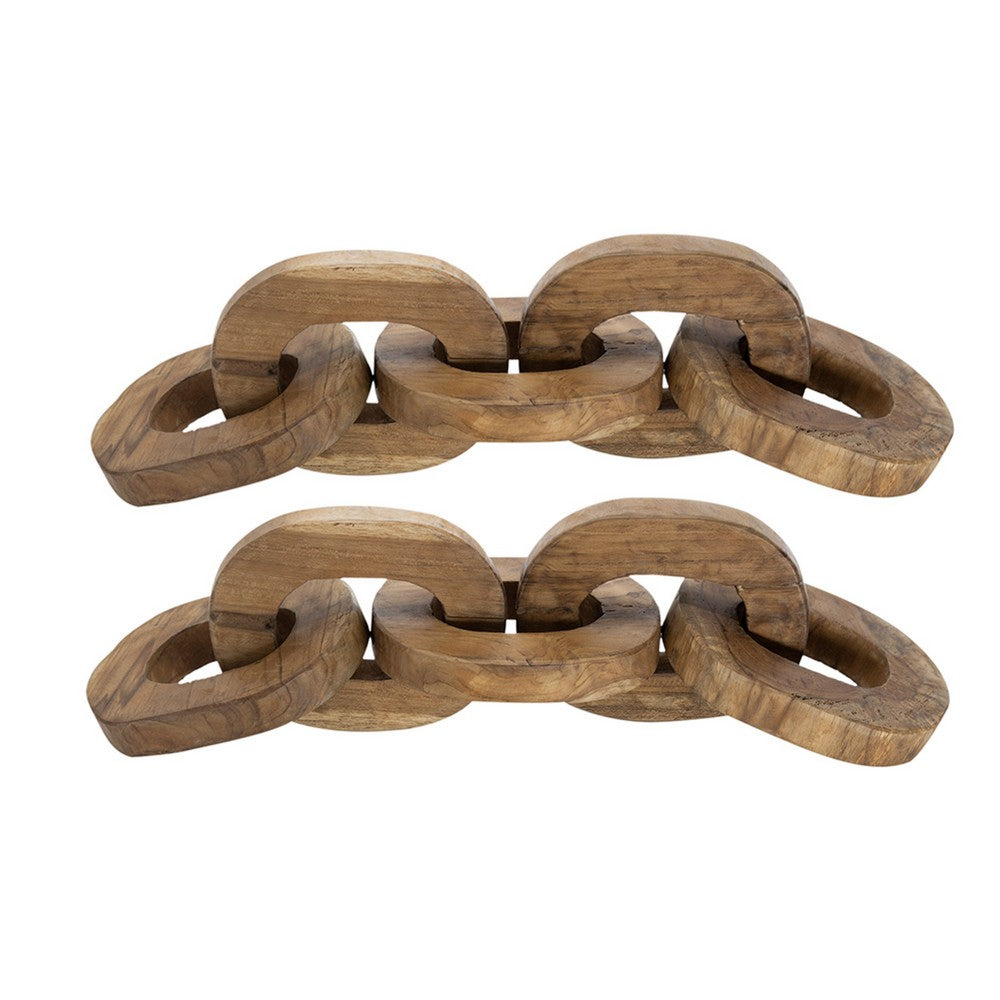Intertwined Wood Chain Decor Sculpture Set of 2, Natural Brown Teak Root - BM350301