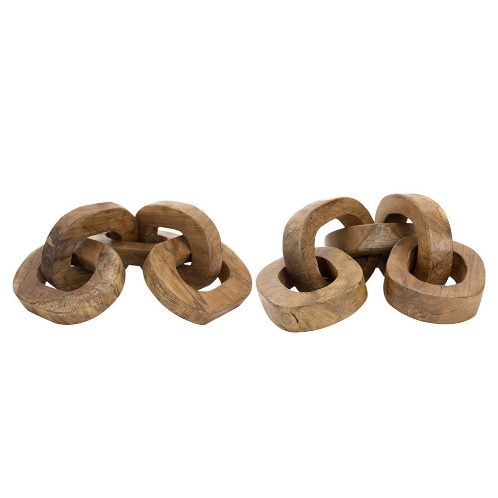 Intertwined Wood Chain Decor Sculpture Set of 2, Natural Brown Teak Root - BM350301