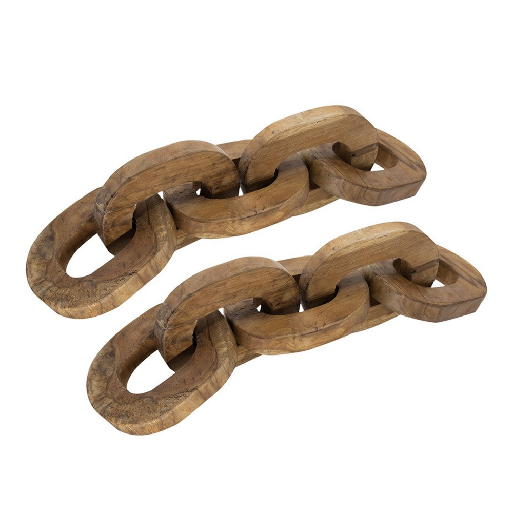 Intertwined Wood Chain Decor Sculpture Set of 2, Natural Brown Teak Root - BM350301