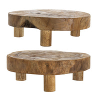Wood Decorative Footed Trays Set of 2, Sculpted Natural Brown Teak Root - BM350302