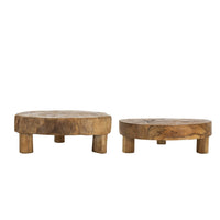 Wood Decorative Footed Trays Set of 2, Sculpted Natural Brown Teak Root - BM350302