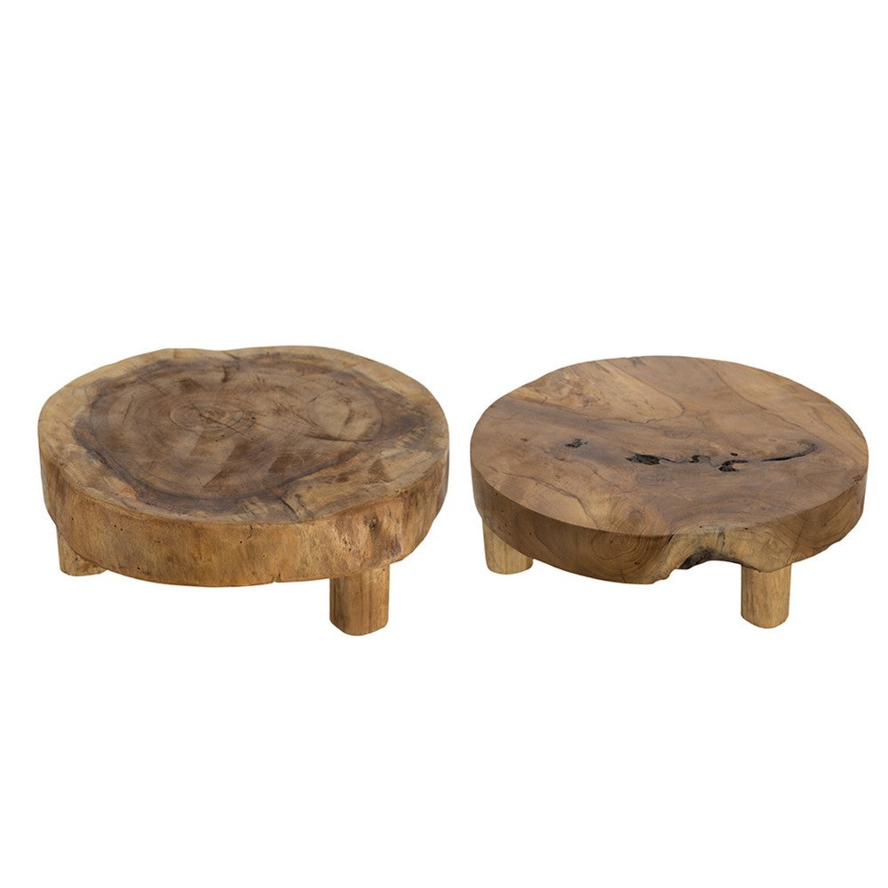 Wood Decorative Footed Trays Set of 2, Sculpted Natural Brown Teak Root - BM350302
