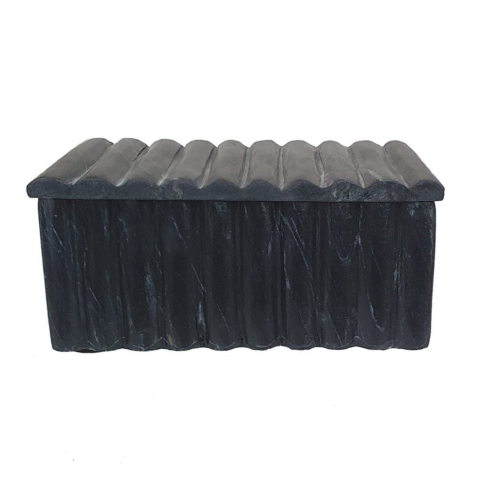 Decorative Storage Box with Lid, 7 Inch Fluted Carvings, Black Marble - BM350303