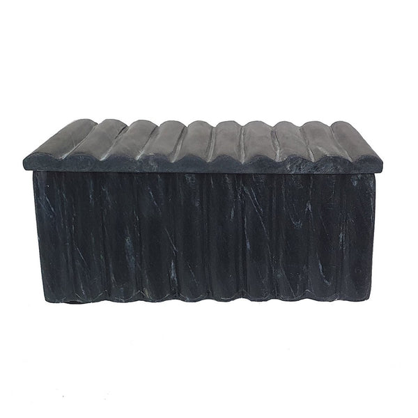 Decorative Storage Box with Lid, 7 Inch Fluted Carvings, Black Marble - BM350303