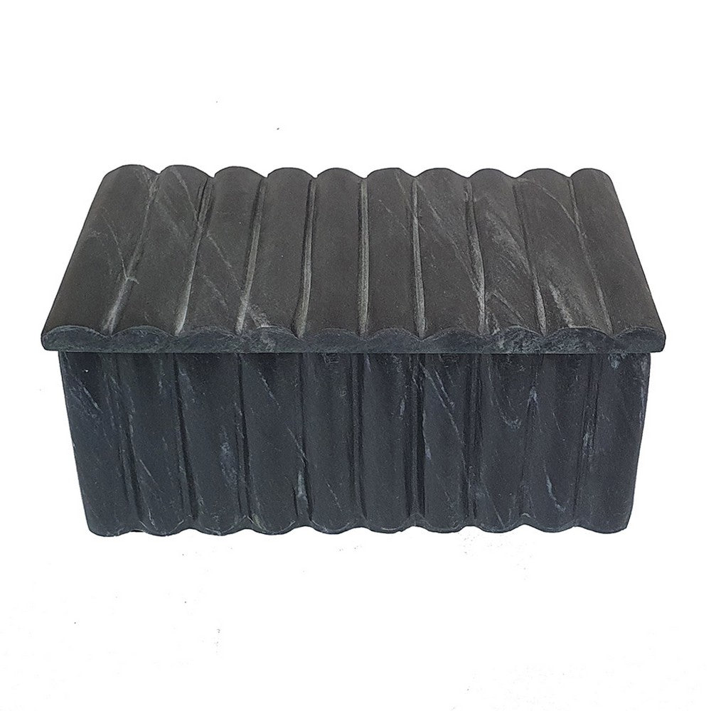 Decorative Storage Box with Lid, 7 Inch Fluted Carvings, Black Marble - BM350303