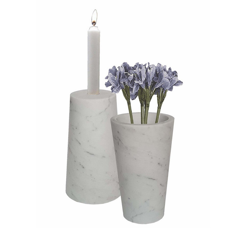 2 in 1 Tapered Candle Holder Flower Vase, 7 Inch Modern White Marble - BM350304