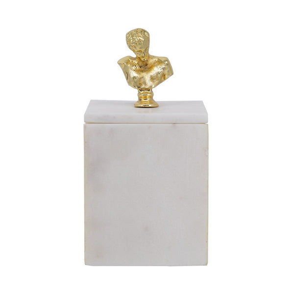 Jemi Decorative Jewellery Box, Gold Bust Accent, 8 Inch White Marble - BM350307