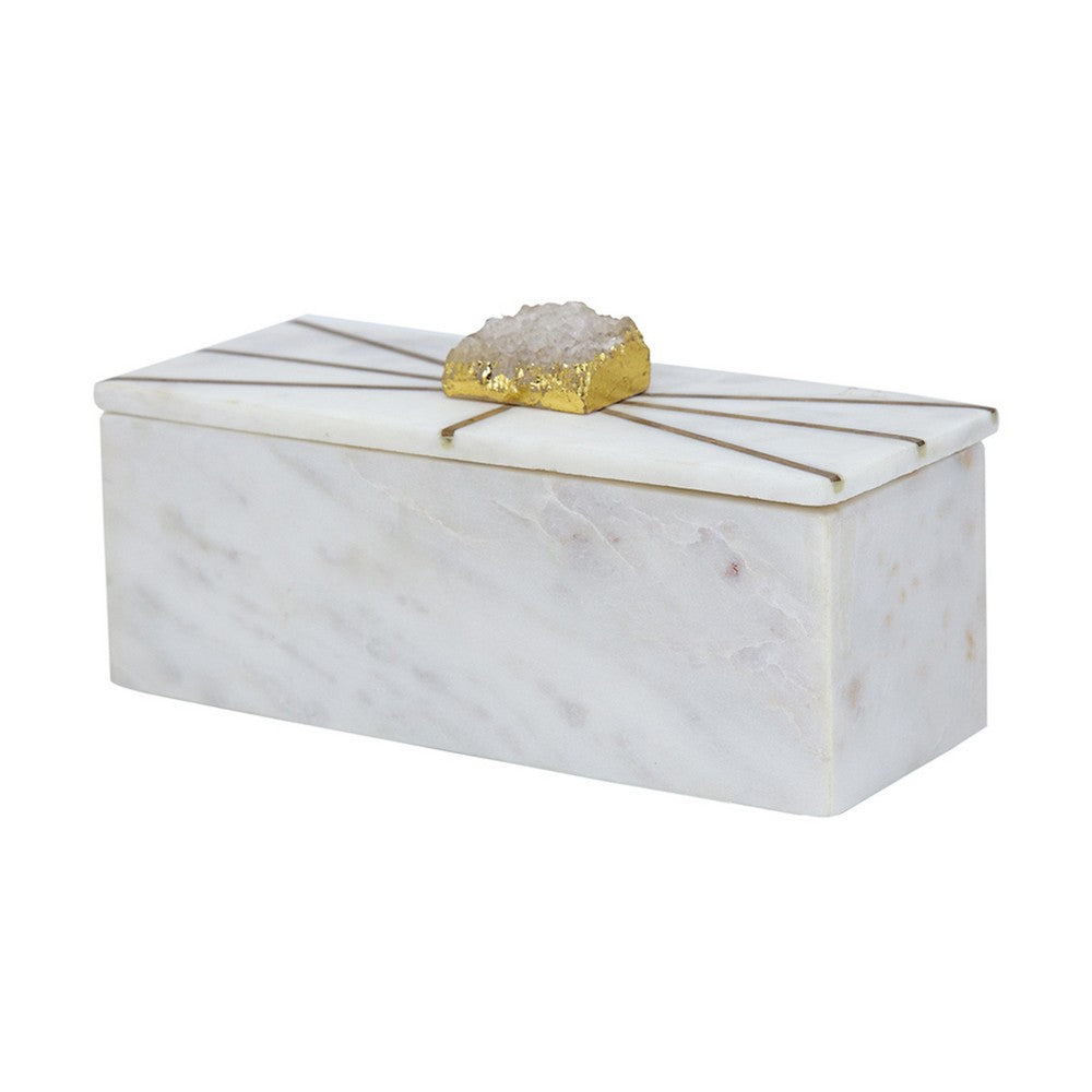 Decorative Storage Box with Gold Amethyst Handle, 8 Inch White Marble  - BM350308
