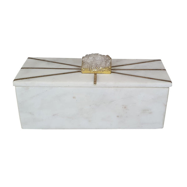 Decorative Storage Box with Gold Amethyst Handle, 8 Inch White Marble  - BM350308
