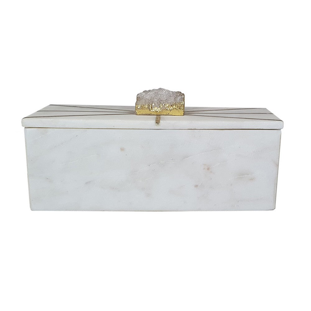 Decorative Storage Box with Gold Amethyst Handle, 8 Inch White Marble  - BM350308