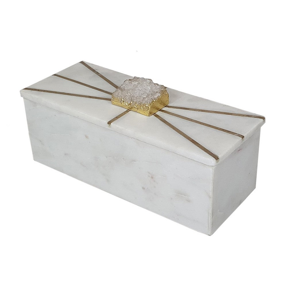 Decorative Storage Box with Gold Amethyst Handle, 8 Inch White Marble  - BM350308
