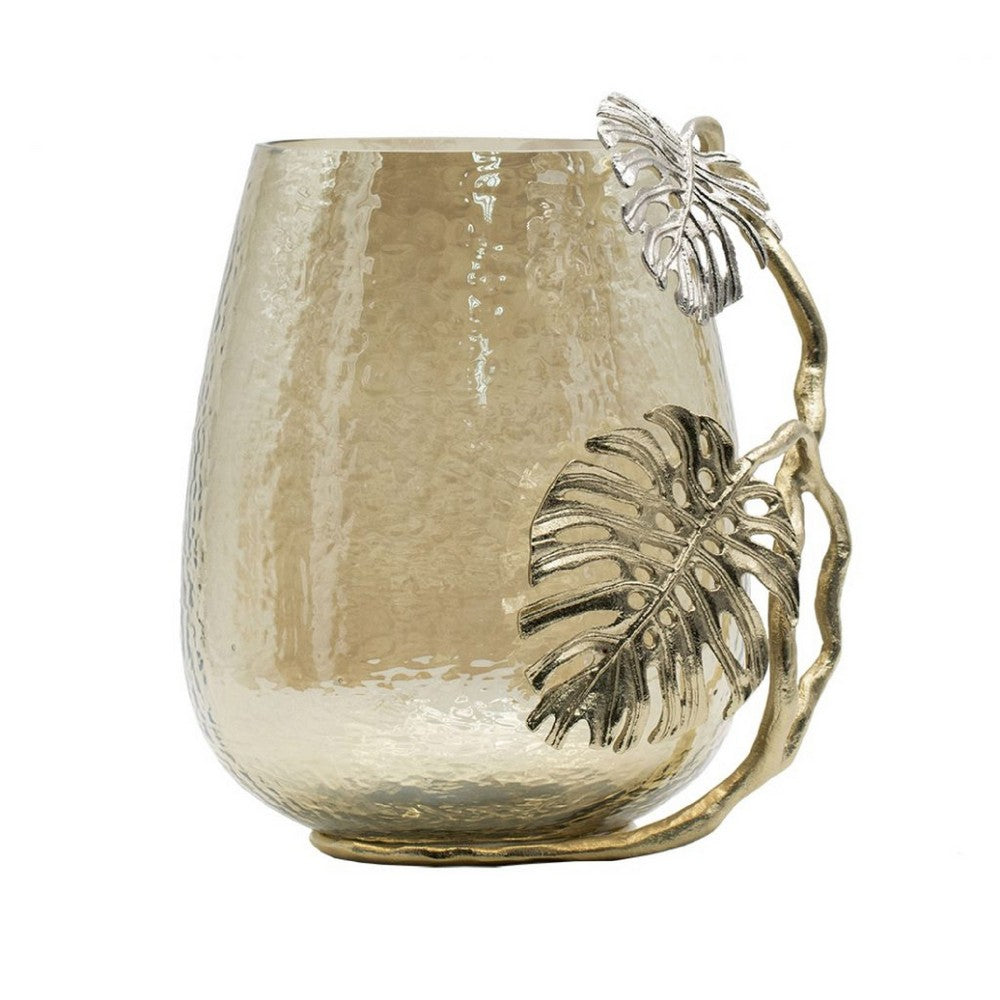 Azra Decorative Vase with Aluminum Leaf Handle, Gold-Silver Glass 11 Inch - BM350309
