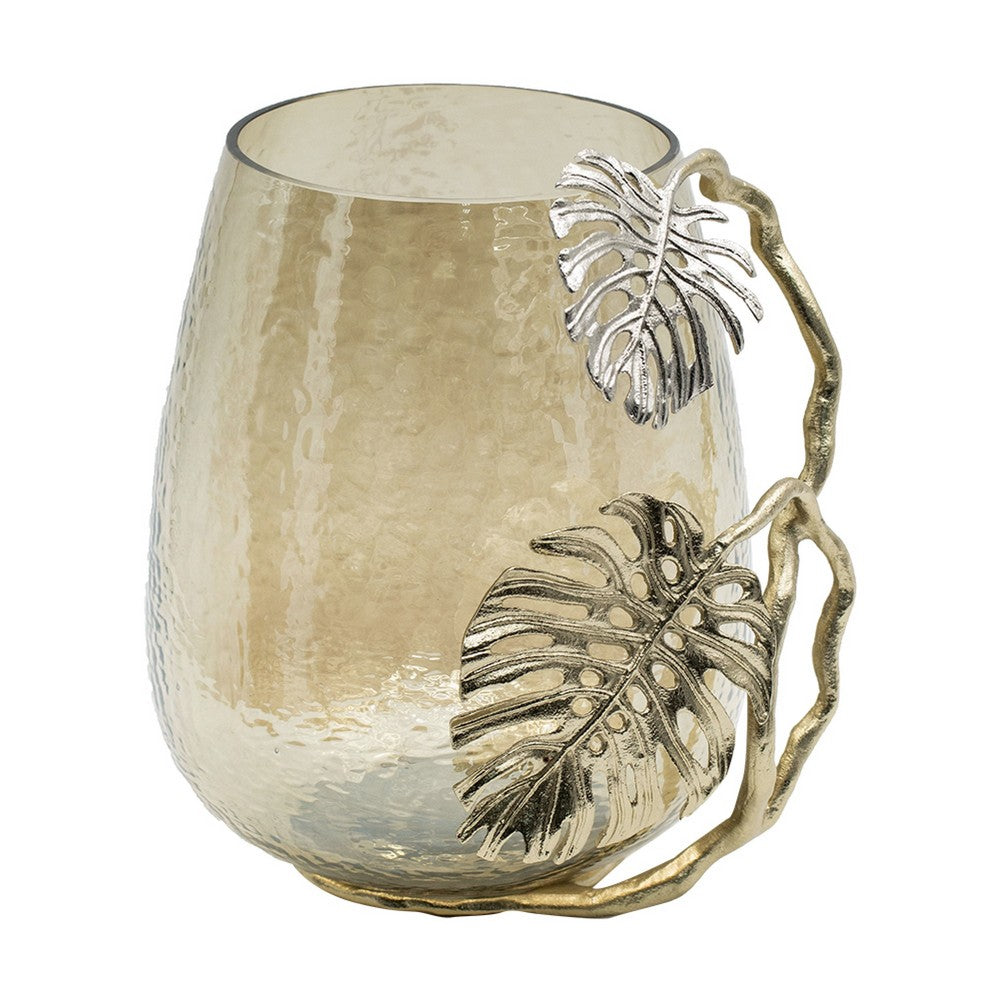 Azra Decorative Vase with Aluminum Leaf Handle, Gold-Silver Glass 11 Inch - BM350309