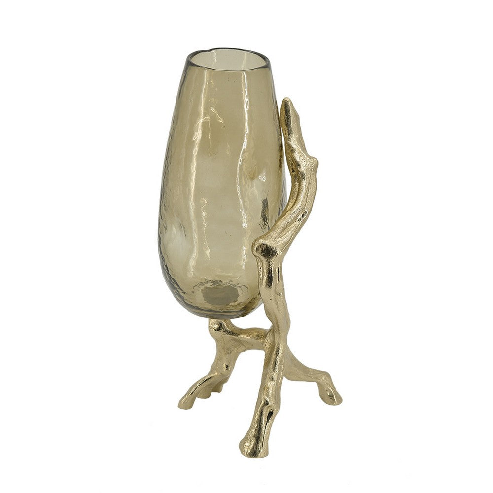 Dyna Decorative Vase with Branch Style Base, Aluminum, Gold Glass 18 Inch - BM350310