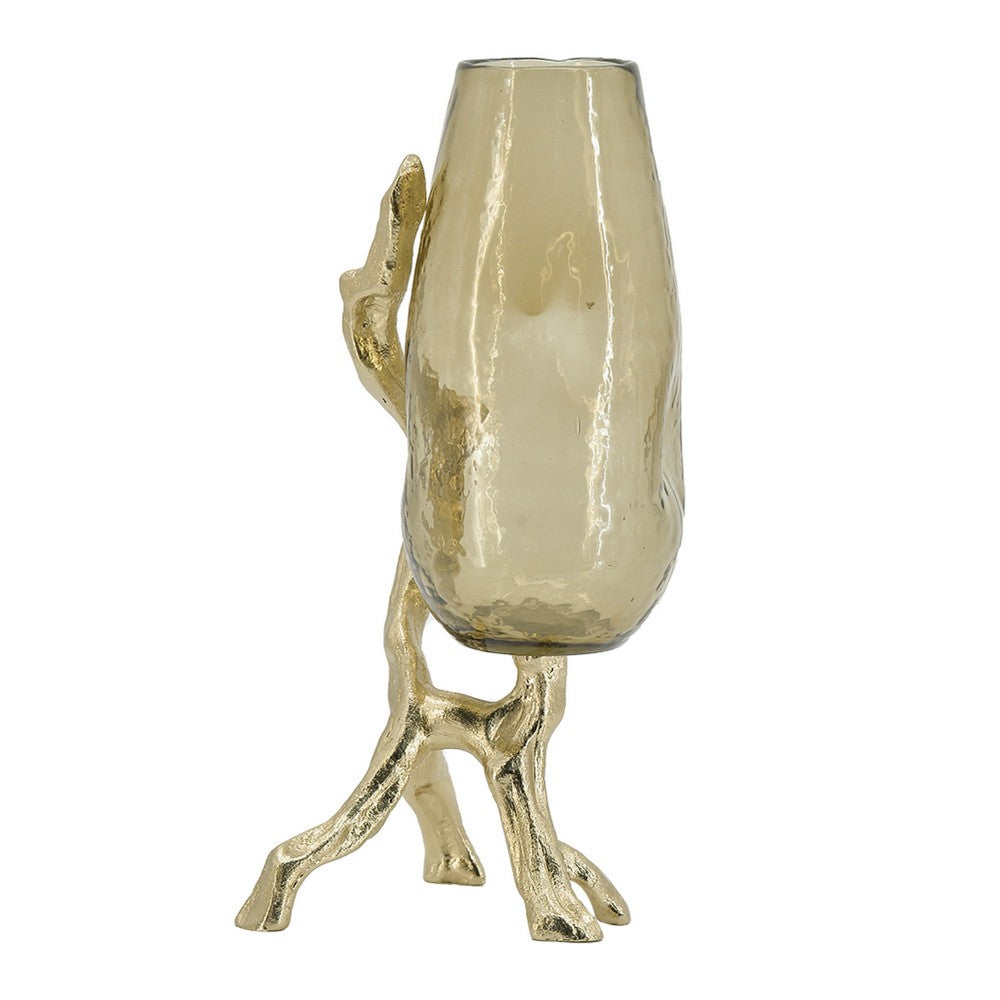Dyna Decorative Vase with Branch Style Base, Aluminum, Gold Glass 18 Inch - BM350310