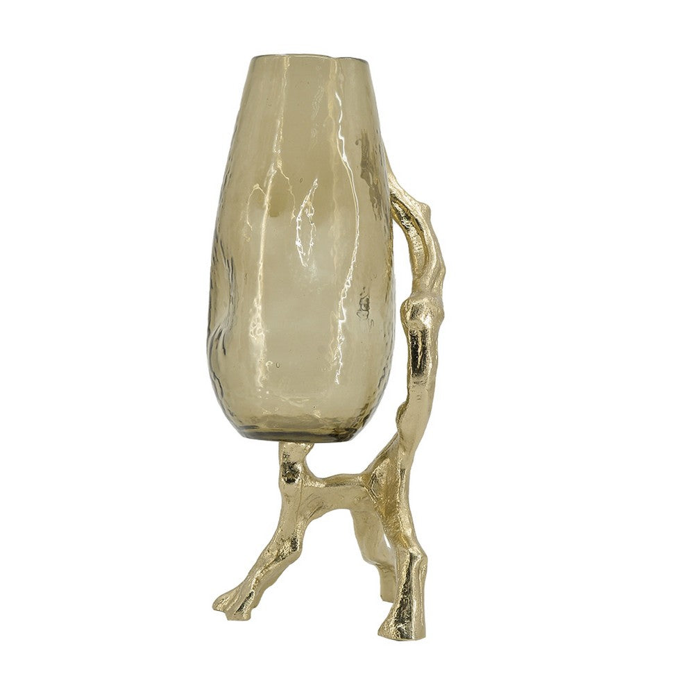 Dyna Decorative Vase with Branch Style Base, Aluminum, Gold Glass 18 Inch - BM350310
