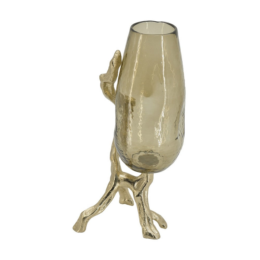 Dyna Decorative Vase with Branch Style Base, Aluminum, Gold Glass 18 Inch - BM350310