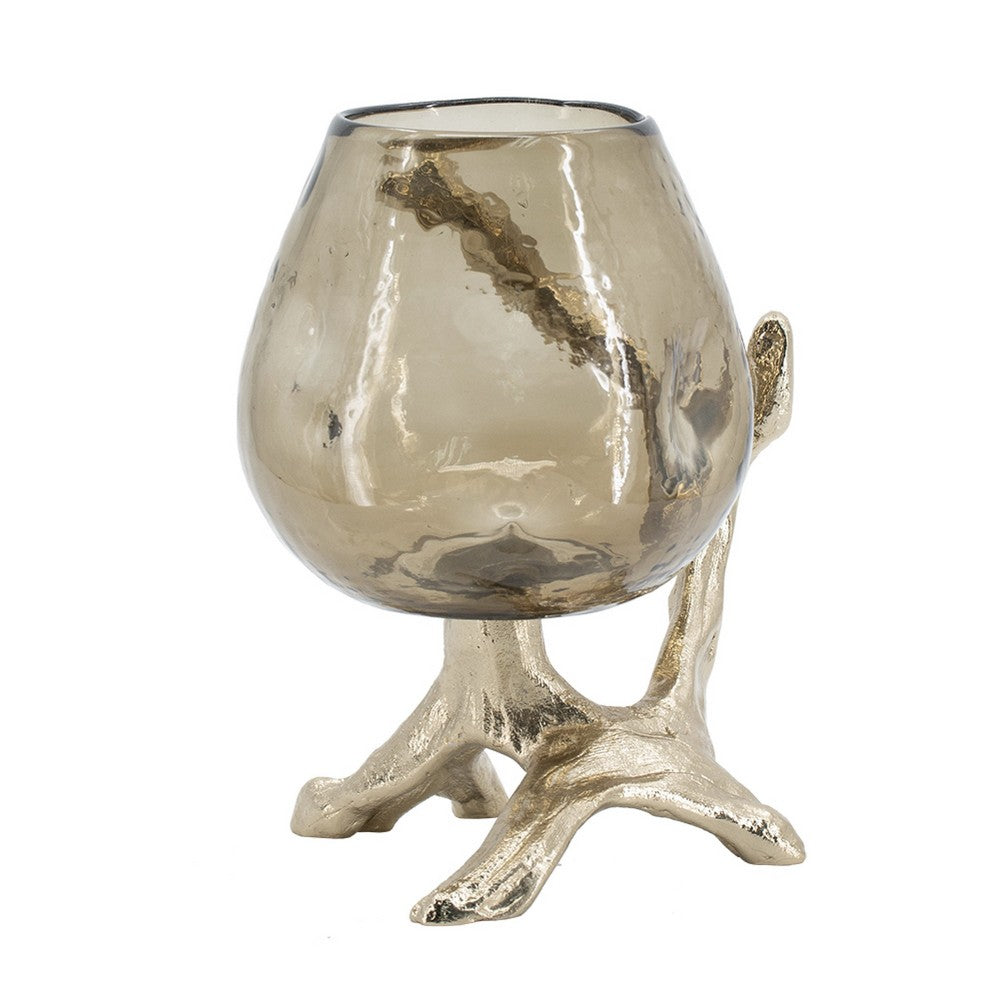 Dyna Decorative Candle Holder, Branch Base, Aluminum, Gold Glass 10 Inch - BM350311