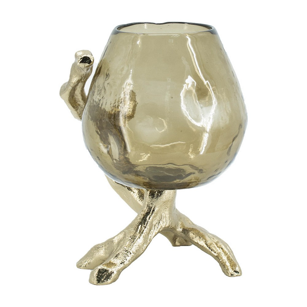 Dyna Decorative Candle Holder, Branch Base, Aluminum, Gold Glass 10 Inch - BM350311