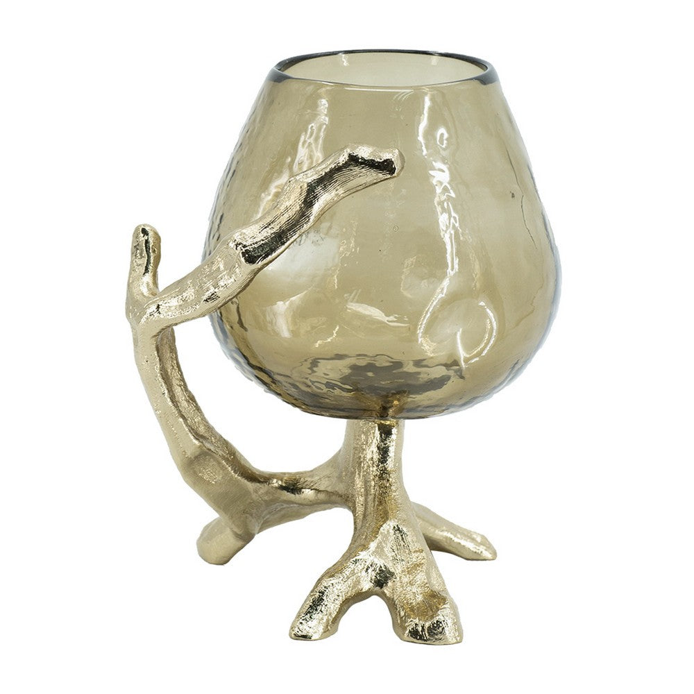 Dyna Decorative Candle Holder, Branch Base, Aluminum, Gold Glass 10 Inch - BM350311
