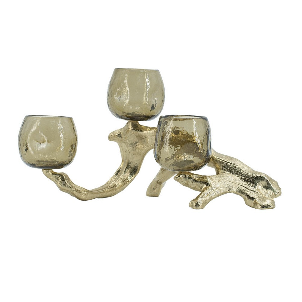 Dyna Votive with 3 Holders, Multiple Branches Accents, Gold Glass 16 Inch - BM350312