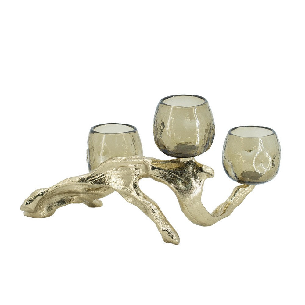 Dyna Votive with 3 Holders, Multiple Branches Accents, Gold Glass 16 Inch - BM350312