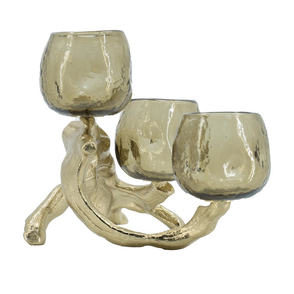 Dyna Votive with 3 Holders, Multiple Branches Accents, Gold Glass 16 Inch - BM350312