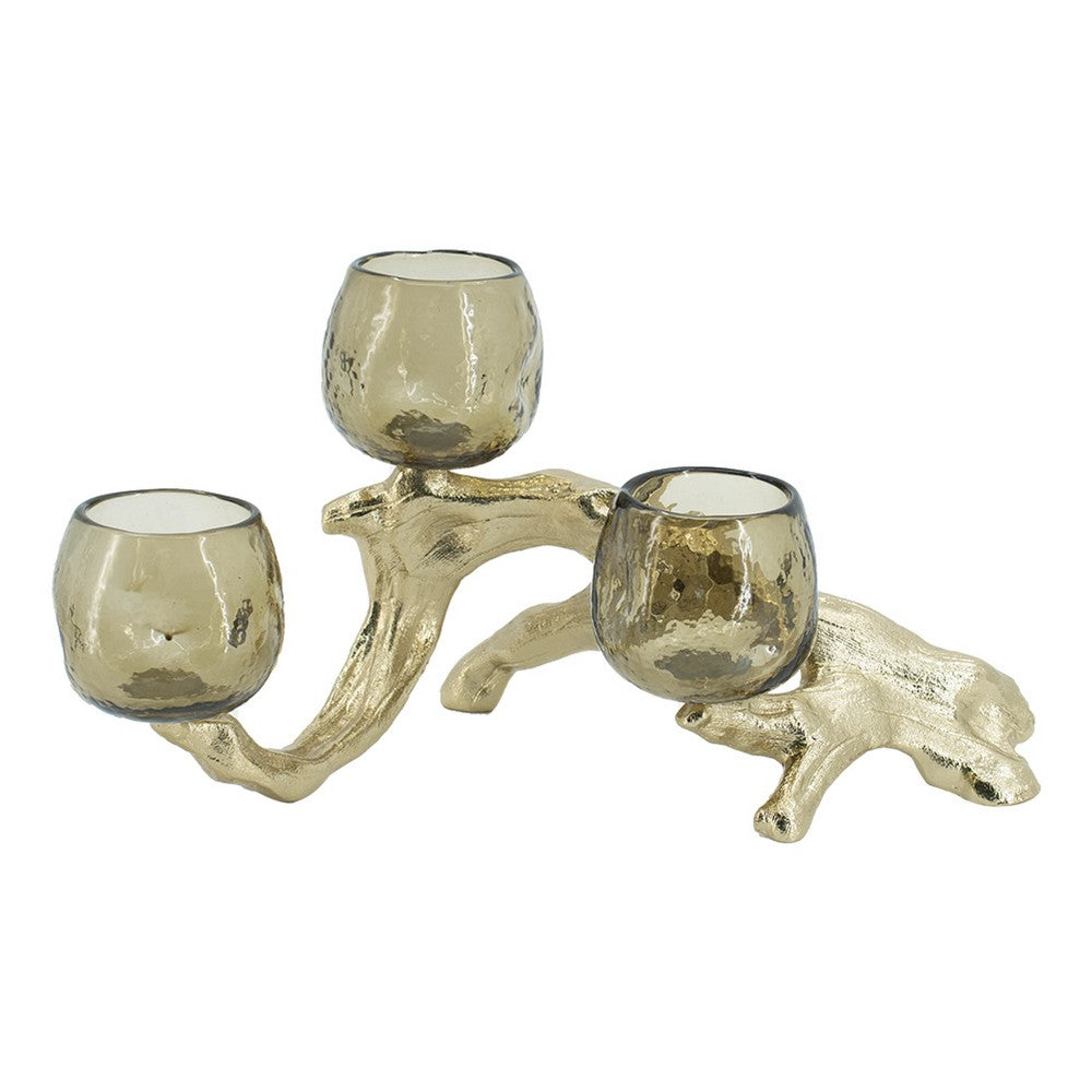 Dyna Votive with 3 Holders, Multiple Branches Accents, Gold Glass 16 Inch - BM350312