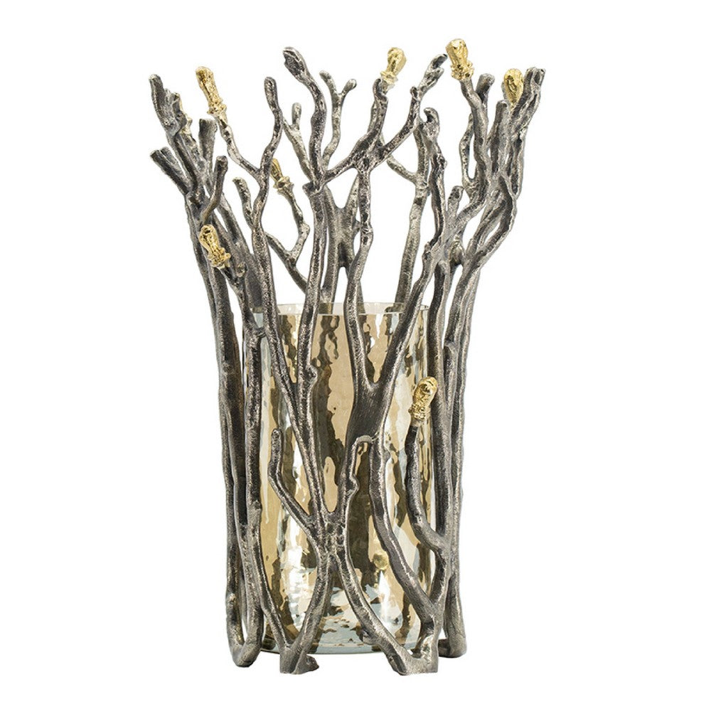 Akira Vase, Twig Inspired Frame, Aluminum-Glass, Silver-Gold, 14 Inch - BM350313