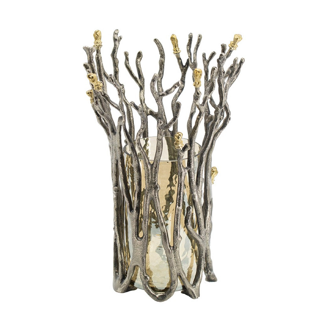 Akira Vase, Twig Inspired Frame, Aluminum-Glass, Silver-Gold, 14 Inch - BM350313