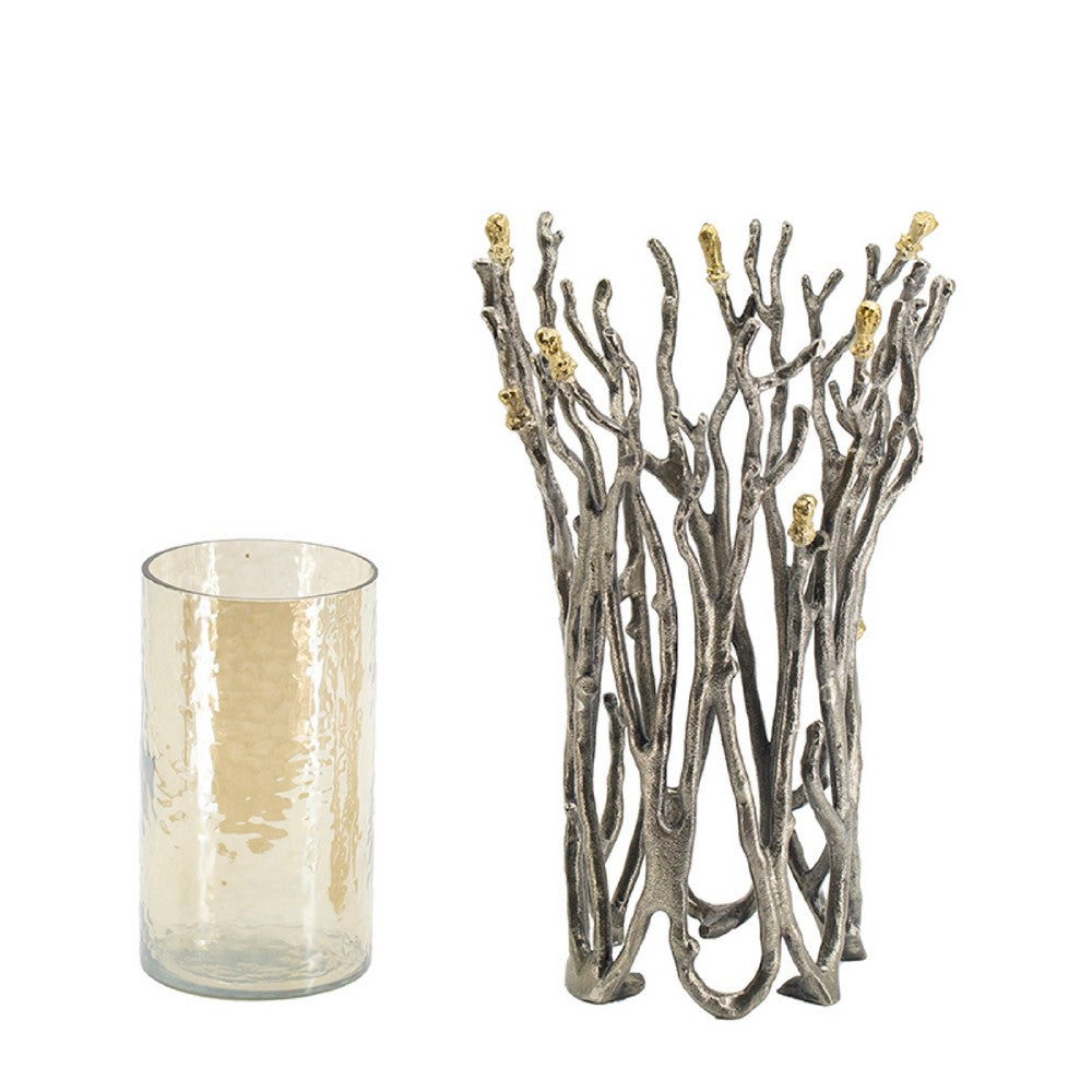Akira Vase, Twig Inspired Frame, Aluminum-Glass, Silver-Gold, 14 Inch - BM350313