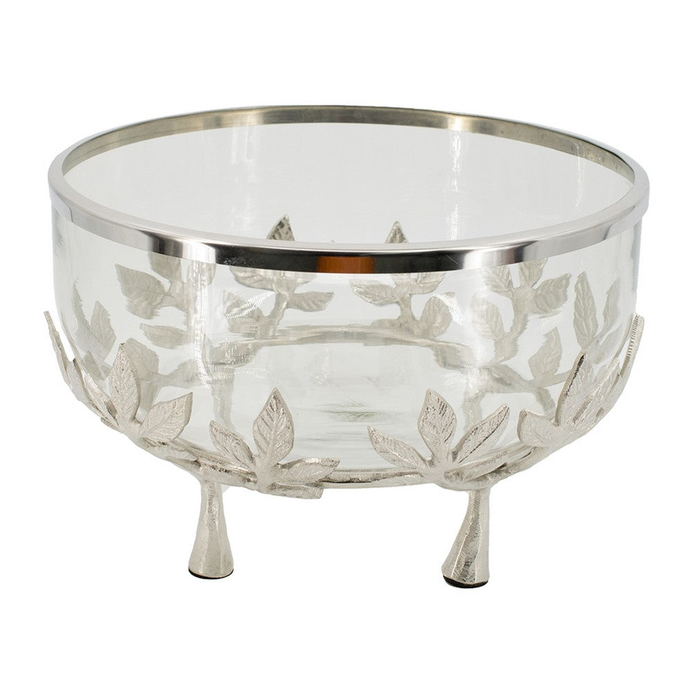 Dyna 13 Inch Bowl with Fine Glass and Floral Silver Aluminum Stand, Elegant - BM350316
