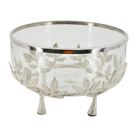 Dyna 13 Inch Bowl with Fine Glass and Floral Silver Aluminum Stand, Elegant - BM350316