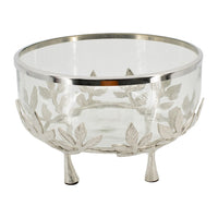 Dyna 13 Inch Bowl with Fine Glass and Floral Silver Aluminum Stand, Elegant - BM350316