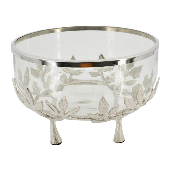Dyna 13 Inch Bowl with Fine Glass and Floral Silver Aluminum Stand, Elegant - BM350316