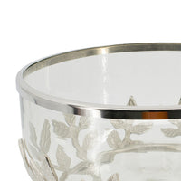 Dyna 13 Inch Bowl with Fine Glass and Floral Silver Aluminum Stand, Elegant - BM350316