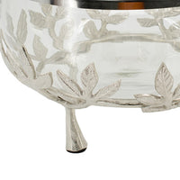 Dyna 13 Inch Bowl with Fine Glass and Floral Silver Aluminum Stand, Elegant - BM350316