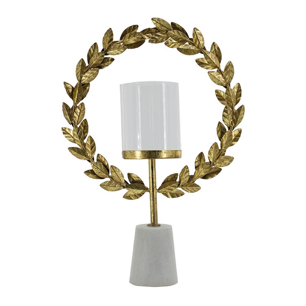 Gigi Candle Holder, Marble Base, Gold Leaf Wreath Ring, White Glass 20 Inch - BM350317