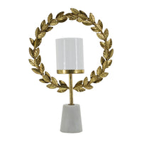 Gigi Candle Holder, Marble Base, Gold Leaf Wreath Ring, White Glass 20 Inch - BM350317