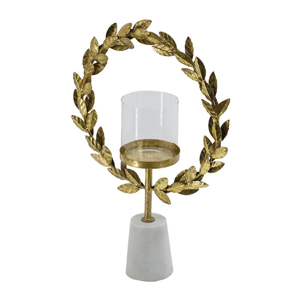 Gigi Candle Holder, Marble Base, Gold Leaf Wreath Ring, White Glass 20 Inch - BM350317