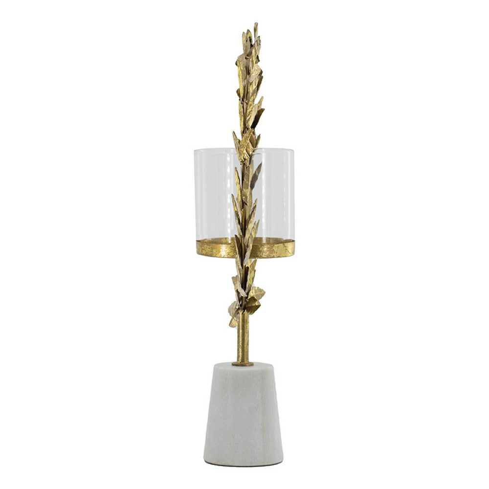 Gigi Candle Holder, Marble Base, Gold Leaf Wreath Ring, White Glass 20 Inch - BM350317